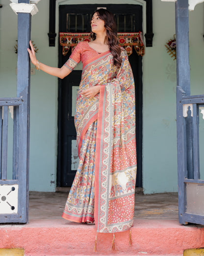 Kalamkari Digital Printed Linen Cotton Saree