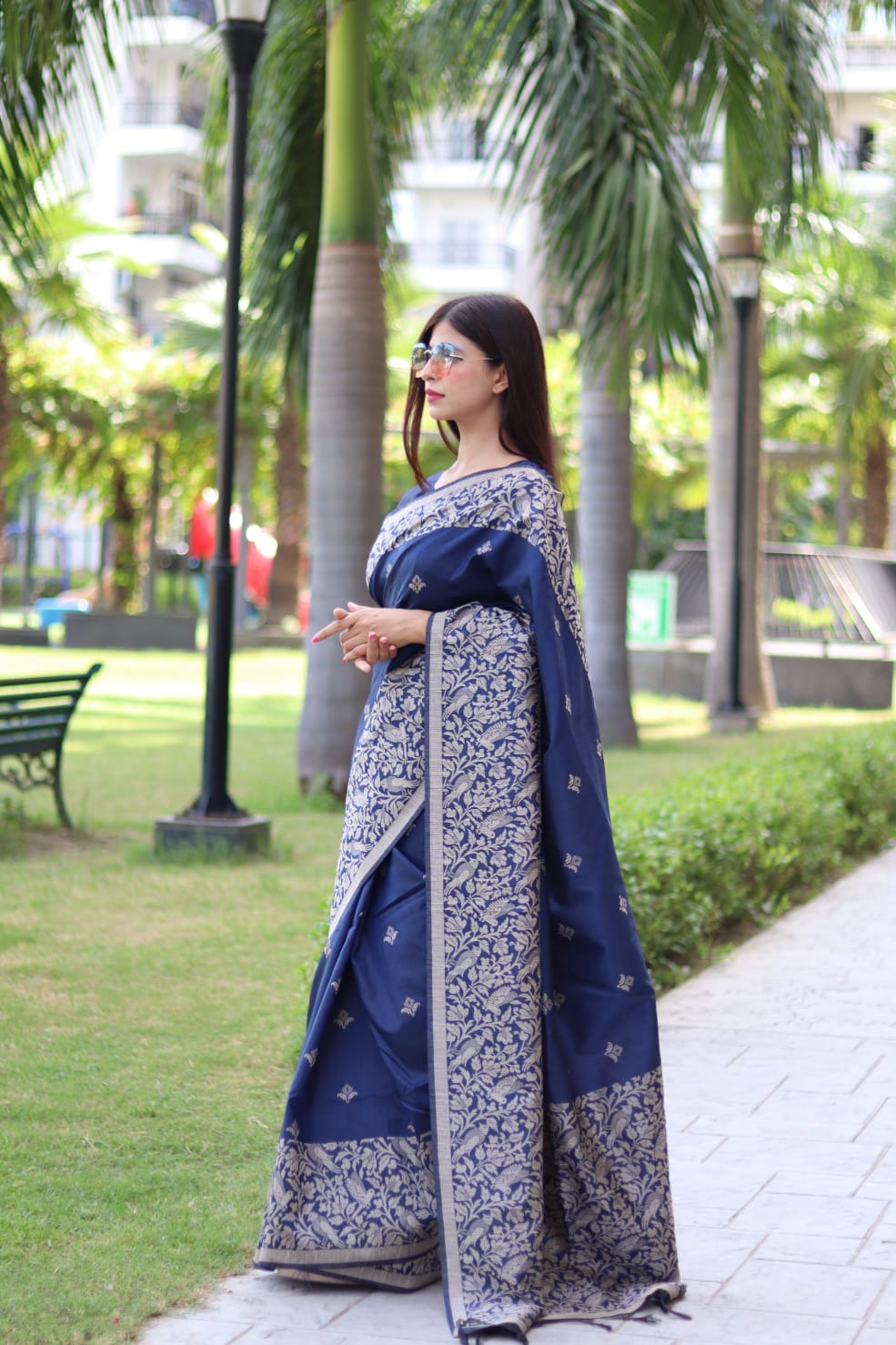 Navy Blue Color Soft Handloom Raw Silk Saree With Weaving Work