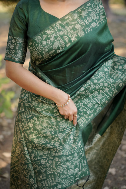 Green Handloom Raw Silk Saree With Contrast Weaving Work