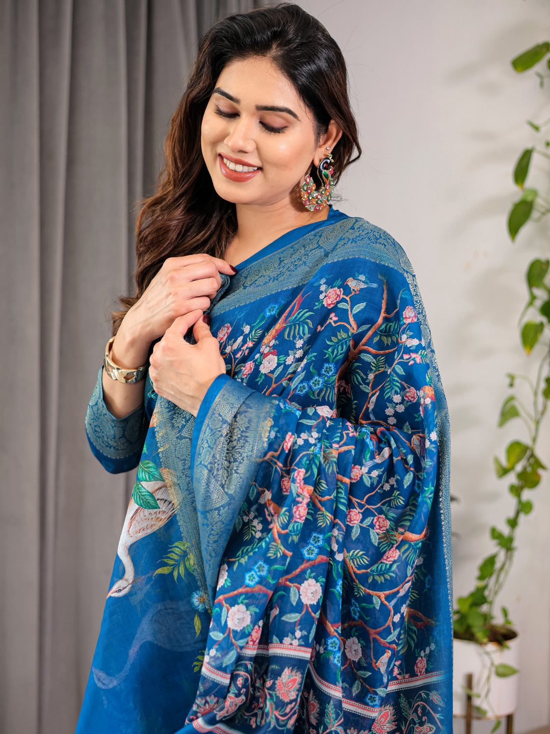 Blue Kalamkari Digital Printed Linen Cotton Saree