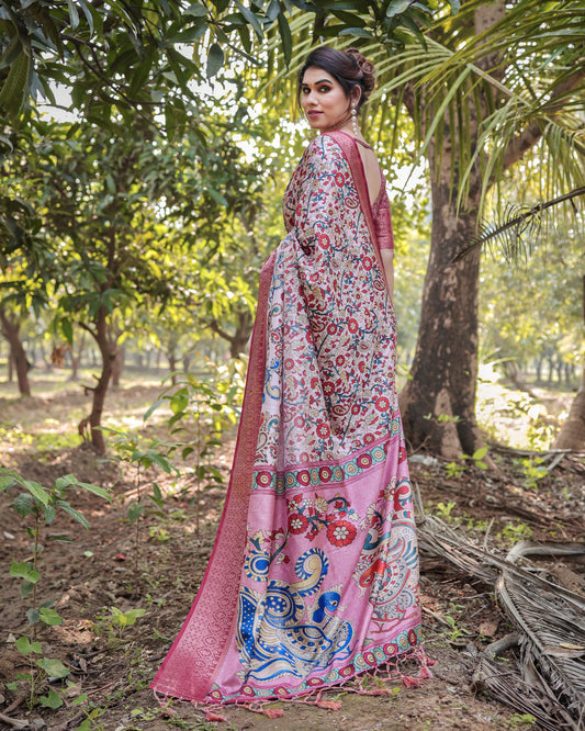 Multi Fancy Kalamkari Digital Printed Tussar Silk Saree