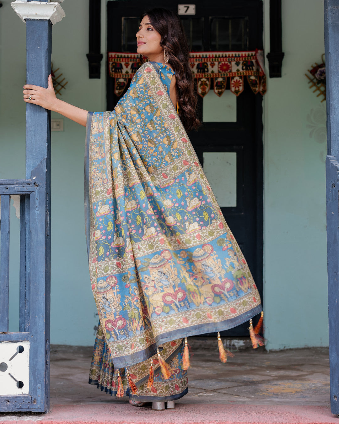 Kalamkari Digital Printed Linen Cotton Saree
