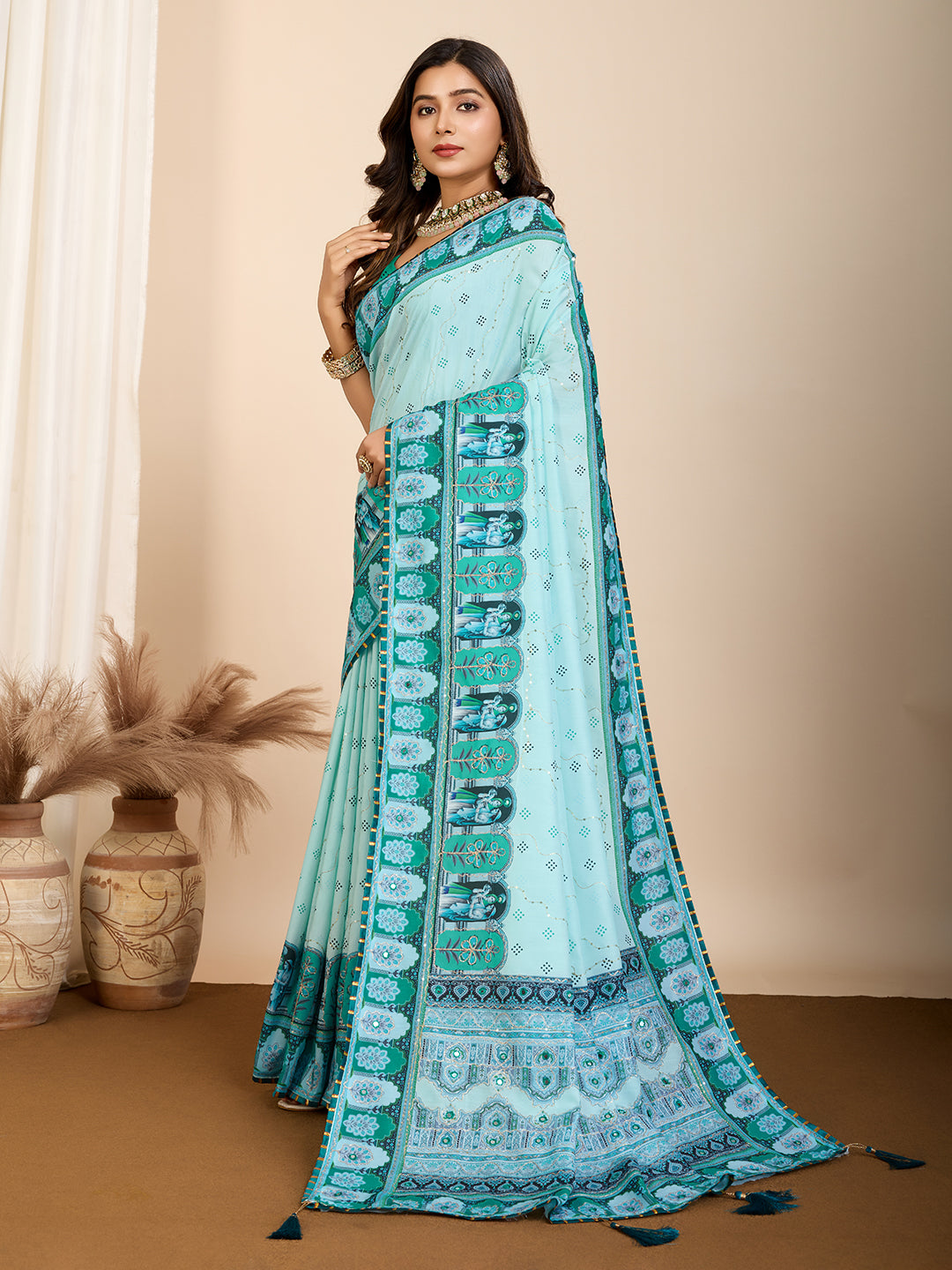 Sky Blue Fancy Muslin Cotton Saree With Digital Printed Work