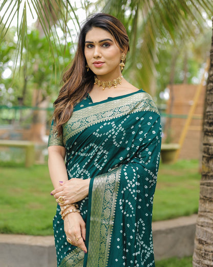Bottle Green Color Hand Bandhej Silk Saree With Zari Weaving Work
