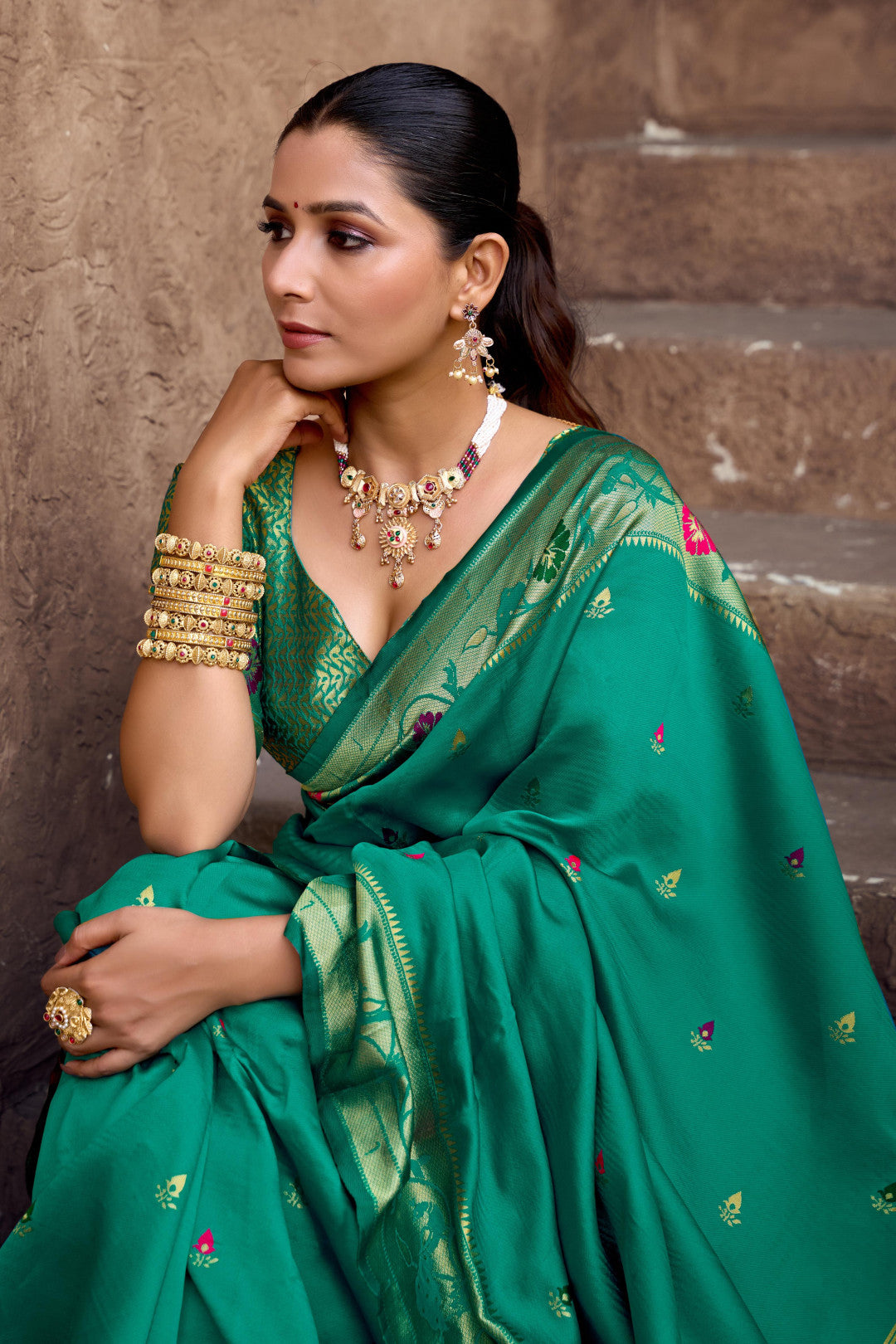 Traditional Rama Green Paithani Silk Saree With Zari Weaving Work