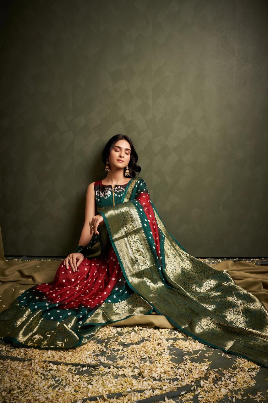 Hand Bandhej Bandhani Saree With Zari Border
