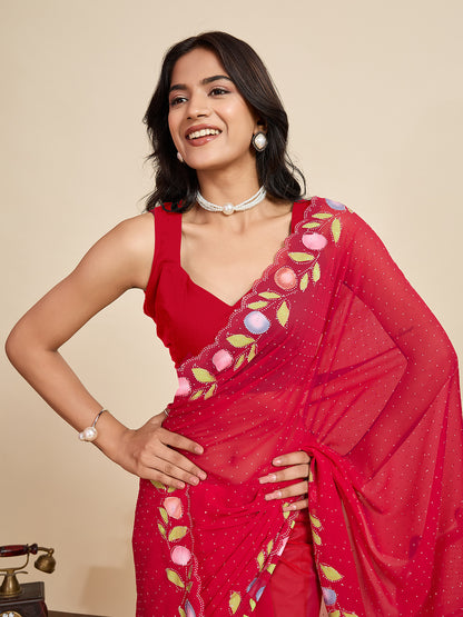 Red Color Georgette Saree With Brush Print And Siroski Work