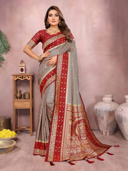 Gray Traditional Banarasi Silk Saree With Zari Weaving Work