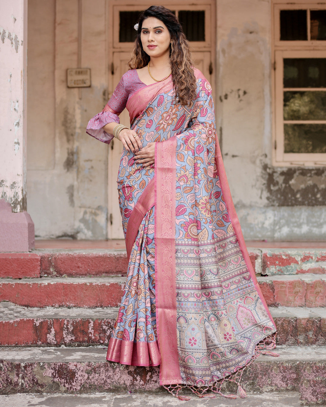 Multi Kalamkari Digital Printed Dola Silk Saree With Gold Zari Border
