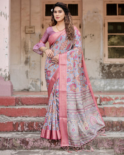 Multi Kalamkari Digital Printed Dola Silk Saree With Gold Zari Border