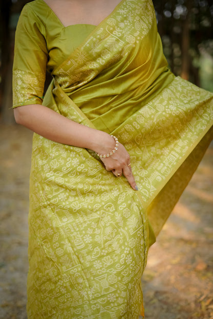 Mahendi Green Handloom Raw Silk Saree With Contrast Weaving Work