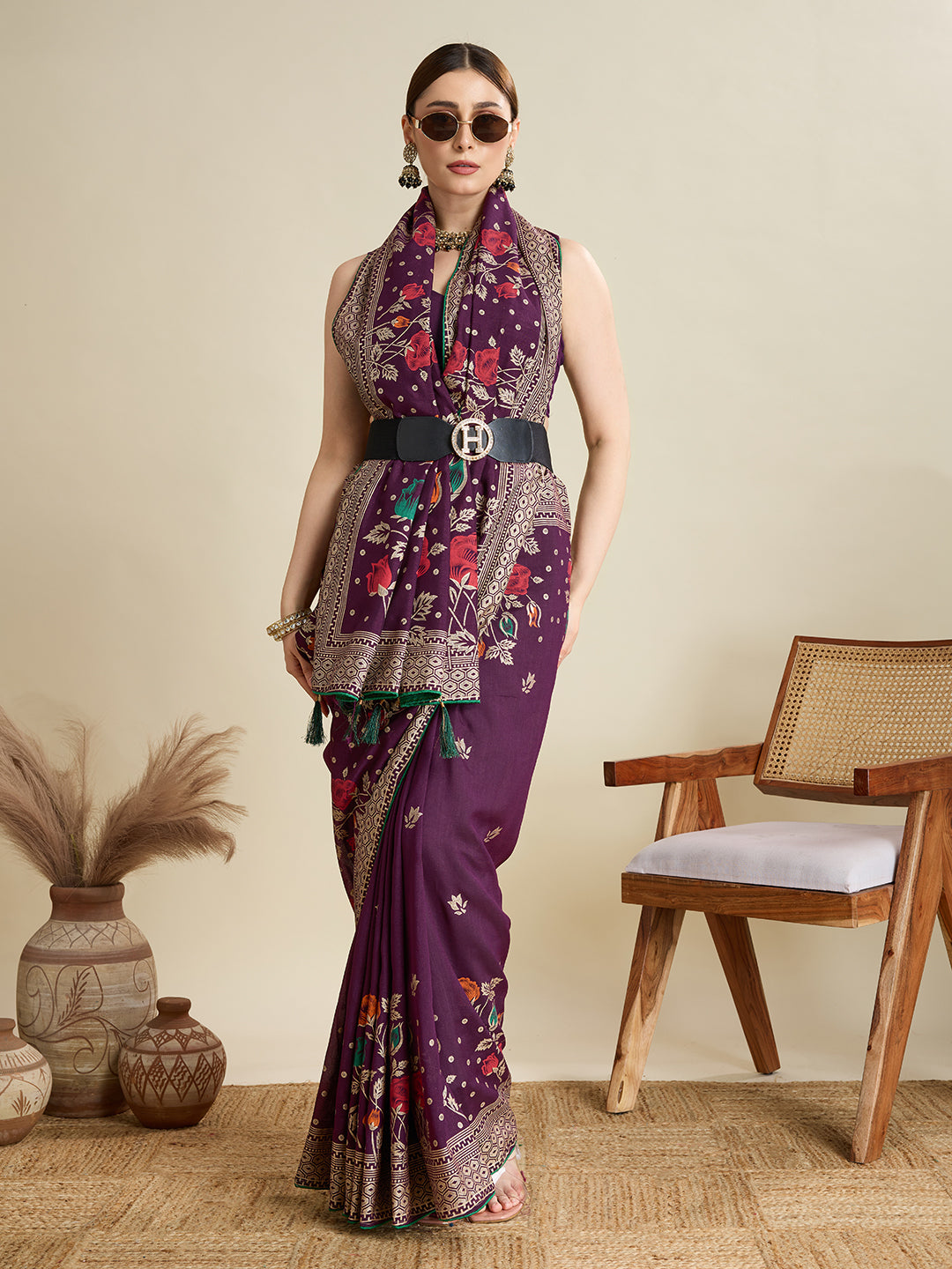 Wine Cotton Saree With Table Printed And Foil Work With Pipeing Border