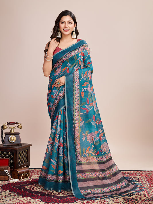 Rama Green Soft Linen Cotton Saree With Kalamkari Digital Printed Work