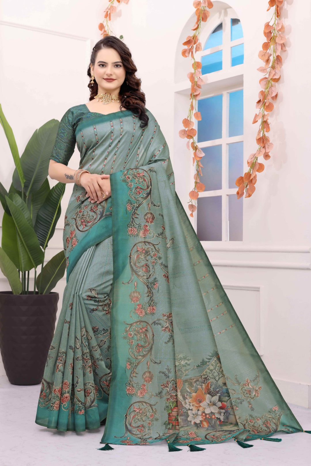 Light Green Kalamkari Printed Premium Tussar Silk Saree
