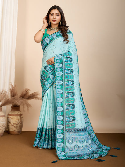 Sky Blue Fancy Muslin Cotton Saree With Digital Printed Work