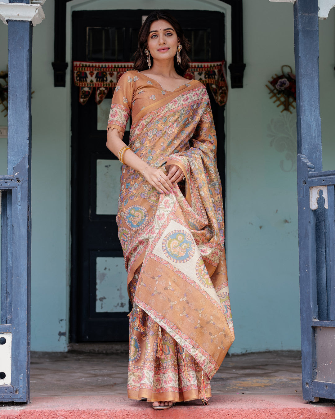 Kalamkari Digital Printed Linen Cotton Saree