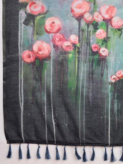 Gray Soft Linen Cotton Saree With Floral Printed Work