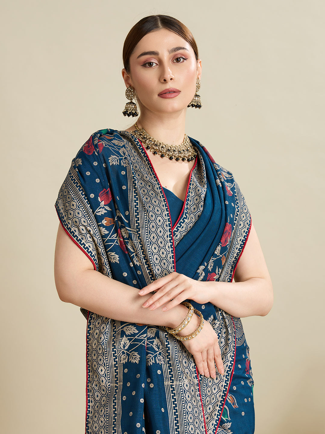 Navy Blue Cotton Saree With Table Printed And Foil Work With Pipeing Border