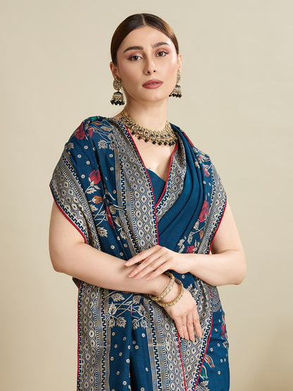 Navy Blue Cotton Saree With Table Printed And Foil Work With Pipeing Border