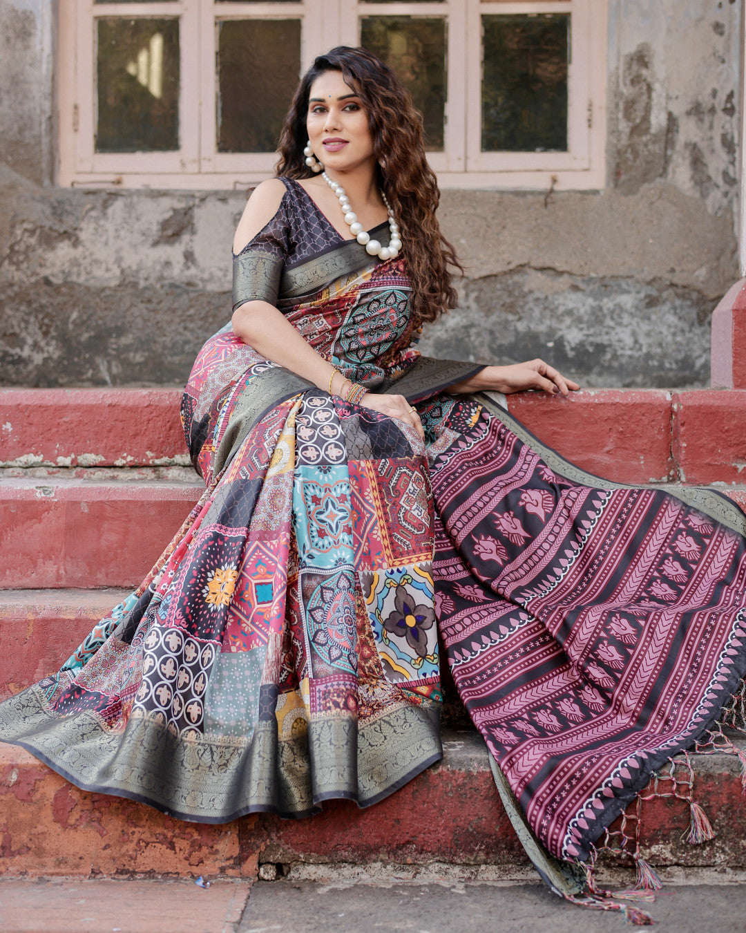 Multi Digital Kalamkari Printed Tussar Silk Saree With Zari Motif Border