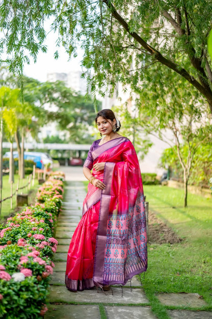Pink Color Tussar Silk Saree With Digital Printed Work