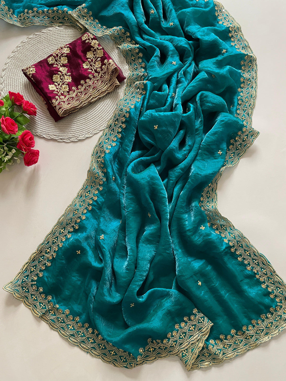 Rama Green Fancy Space Silk Saree With Embroidery & Moti Work