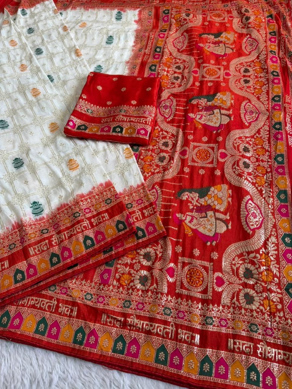 White Viscose Silk Saree With Meenakari Zari Weaving Work With Contrast Piping