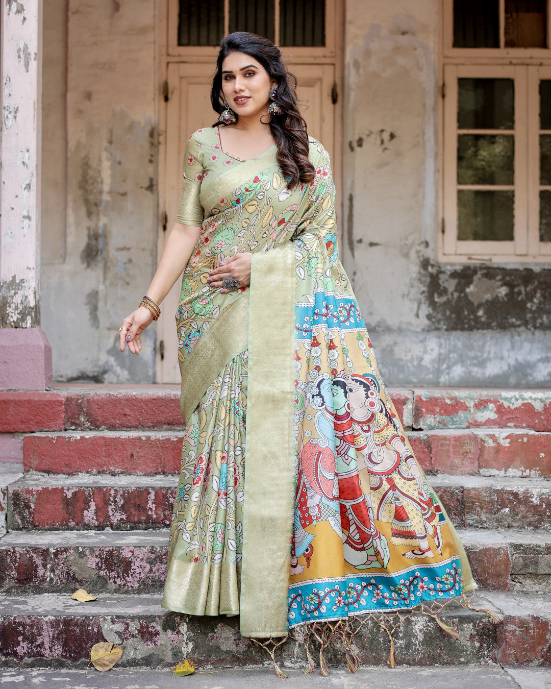 Pista Green Kalamakari Digital Printed Tussar Silk Saree With Zari Motif Border