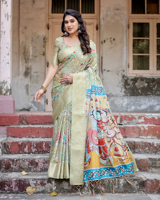 Pista Green Kalamakari Digital Printed Tussar Silk Saree With Zari Motif Border