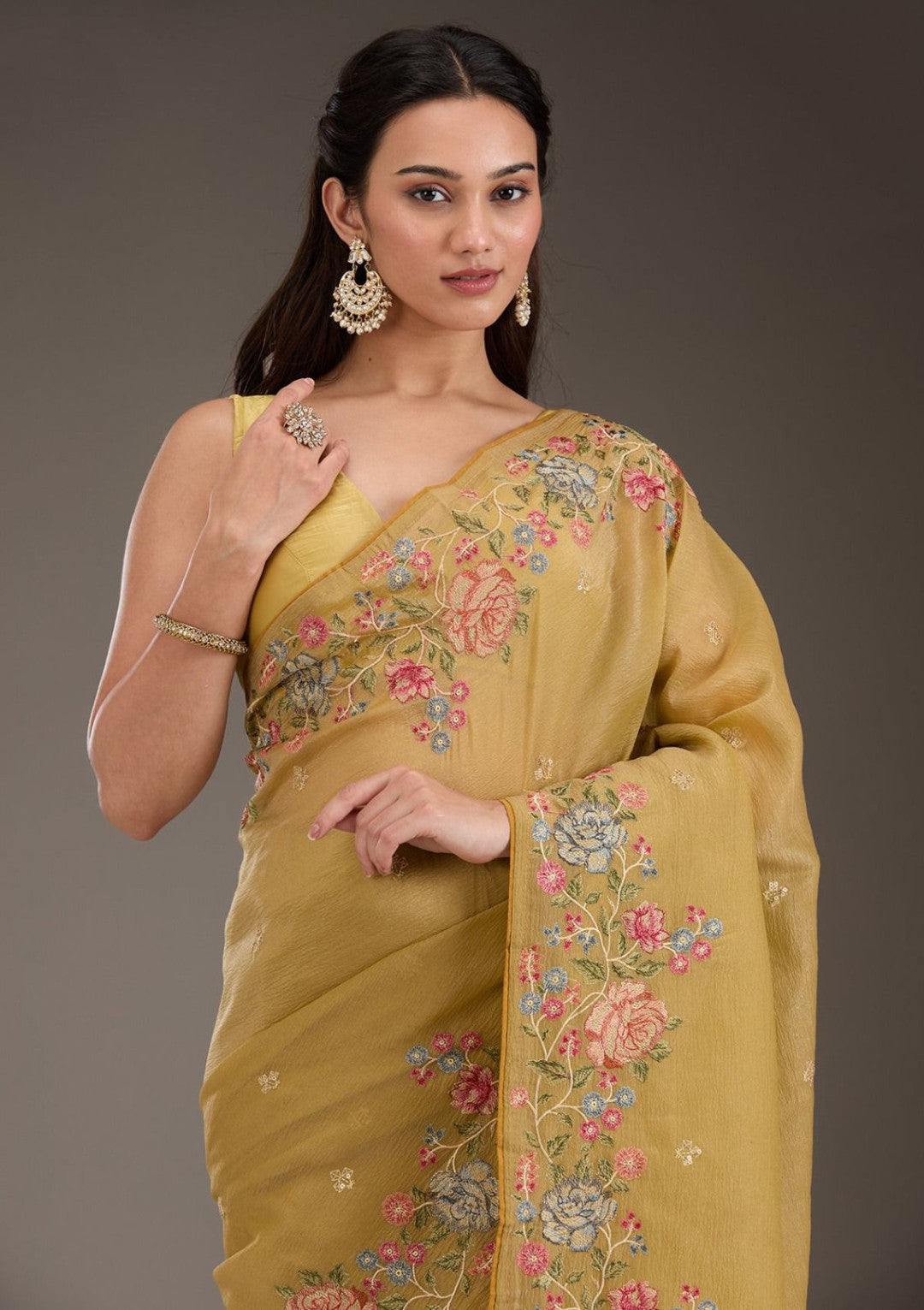 Mustard Yellow Fancy Crunchy Silk Saree With Multi Thread Work And Piping Lace Border