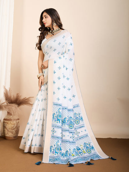 White Soft Cotton Saree With Printed Work