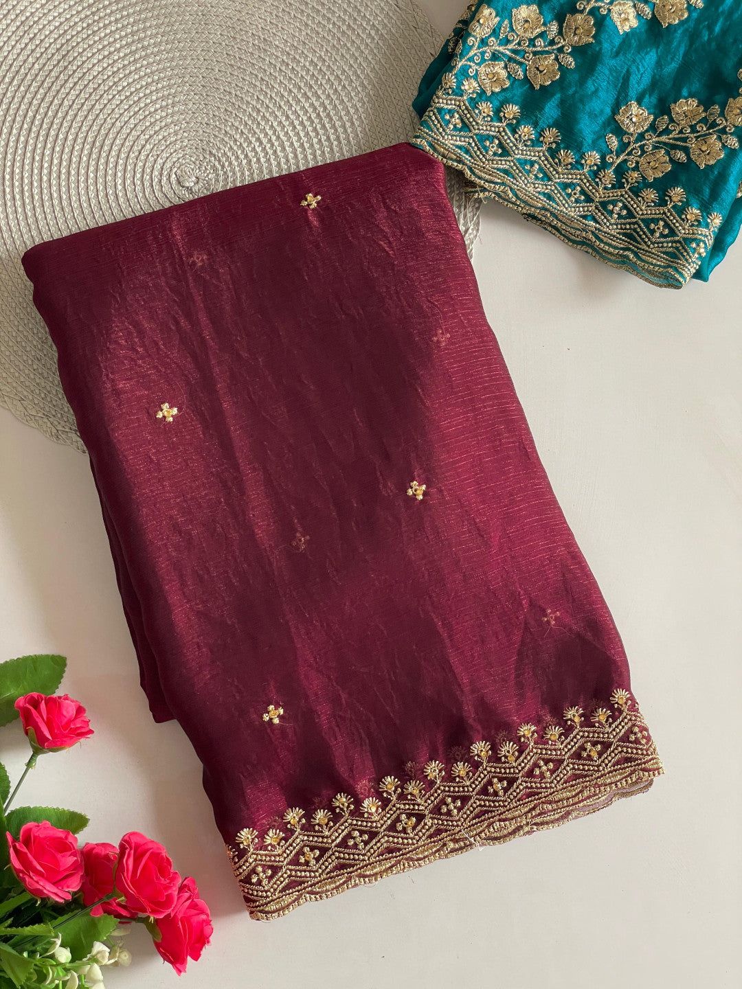 Maroon Fancy Space Silk Saree With Embroidery & Moti Work
