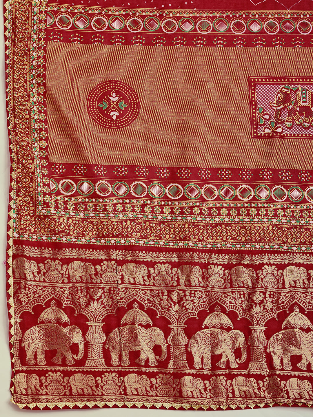Red Stylist Soft Cotton Saree With Unique Table Printed & Lace Border