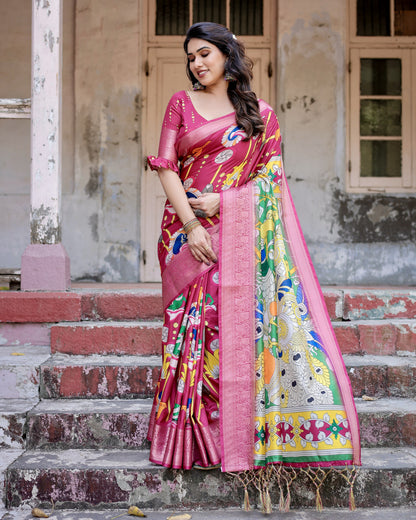 Pink Kalamkari Digital Printed Tussar Silk Saree With Zari Motif Border