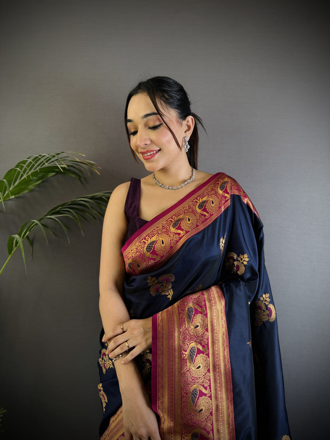 Navy Blue Traditional Banarasi Silk Saree With Zari Weaving Work