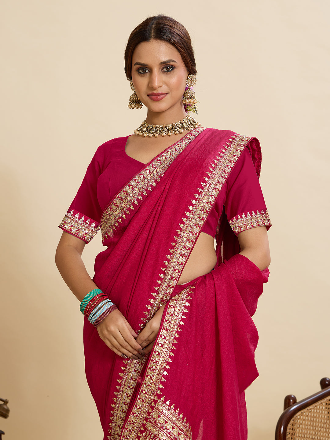 Rani Pink Soft Vichitra Silk Saree With Embroidery Work