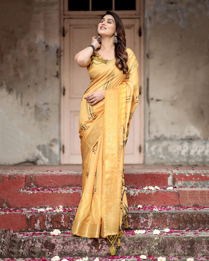 Yellow Kalamkari Digital Printed Dola Silk Saree With Gold Zari Border