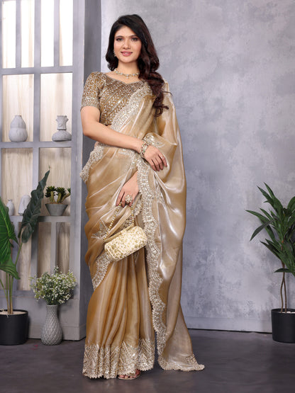 Beige Fancy Shimmer Chiffon Saree With Embroidery Work