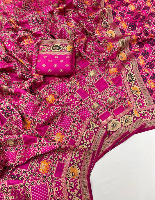 Rani Pink Traditional Patola Silk Saree With Meenakari Zari Weaving Work