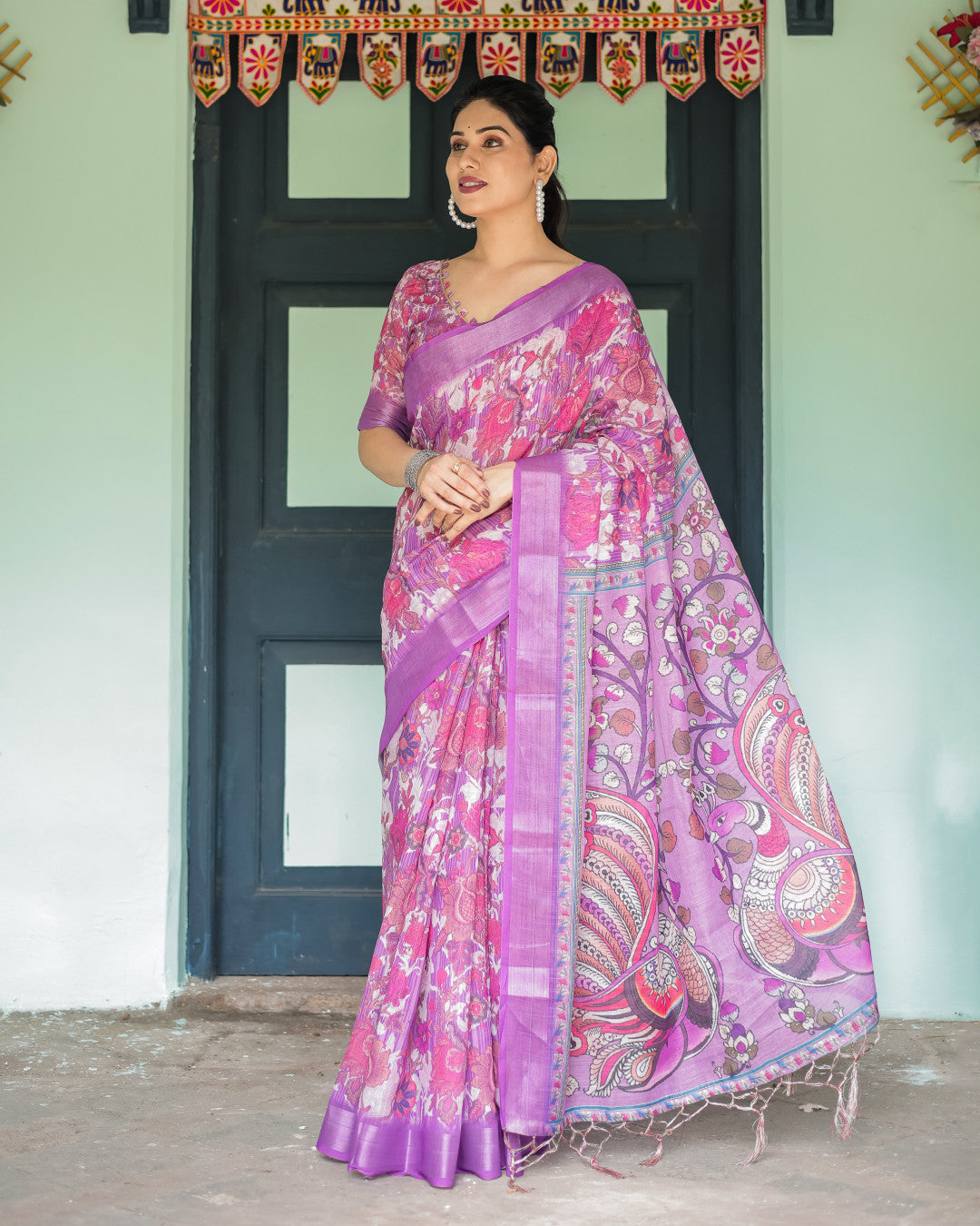 Pink Soft Linen Cotton Saree With Kalmkari Digital Printed Work