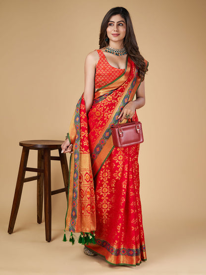 Red Color Patola Silk Saree With Zari Weaving Work