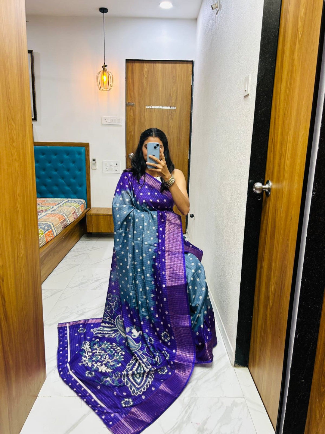 Bandhej Printed Dola Silk Saree With Kalamkari Printed Pallu
