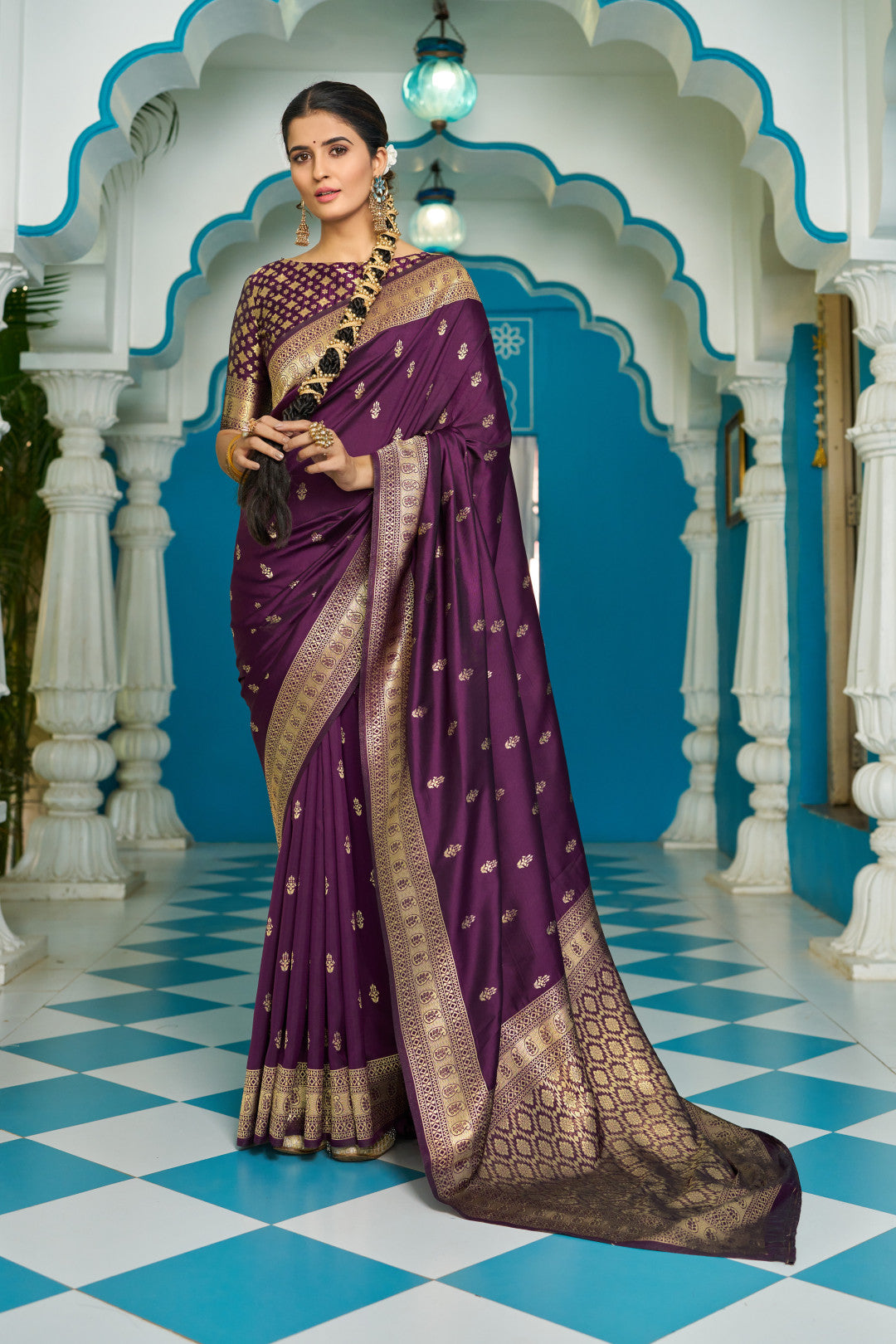 Wine Banarasi Silk Blend Zari Woven Work