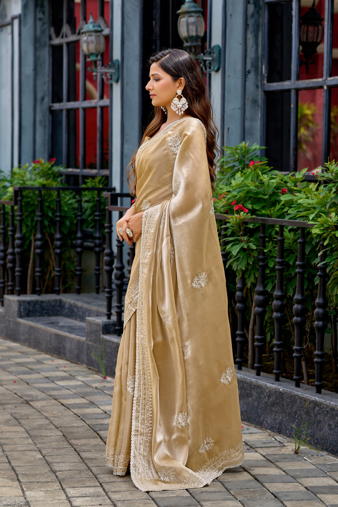 Cream Fancy Shimmer Chiffon Saree With Embroidery Work