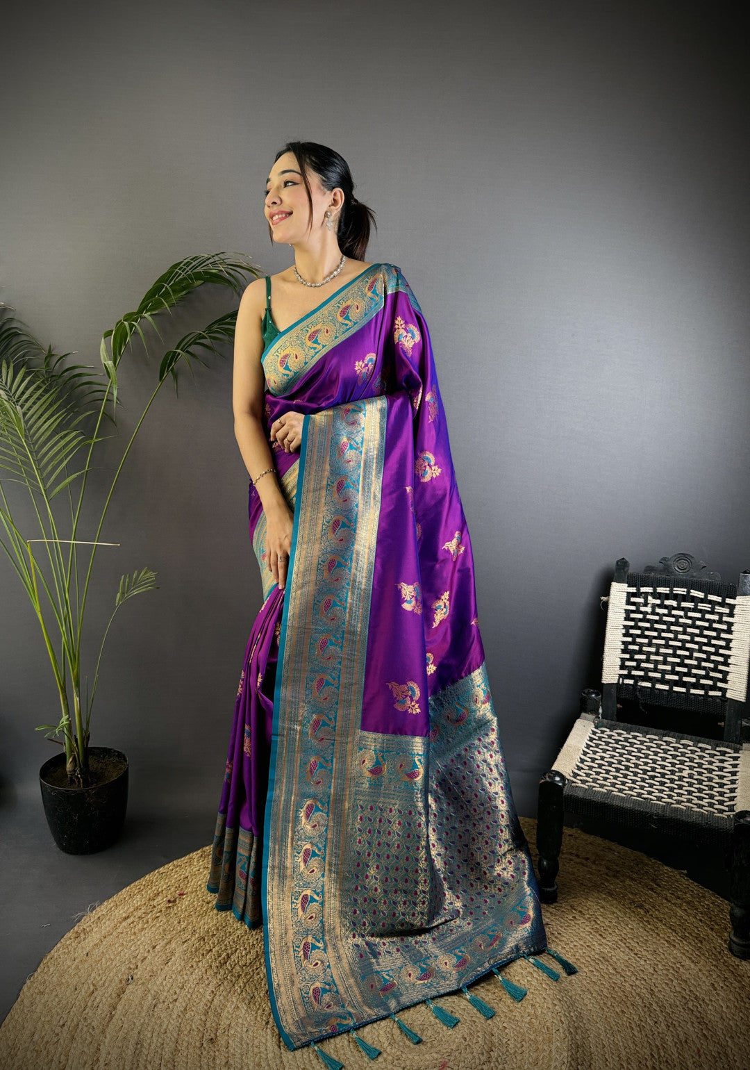 Wine Traditional Banarasi Silk Saree With Zari Weaving Work