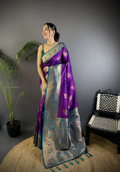 Wine Traditional Banarasi Silk Saree With Zari Weaving Work