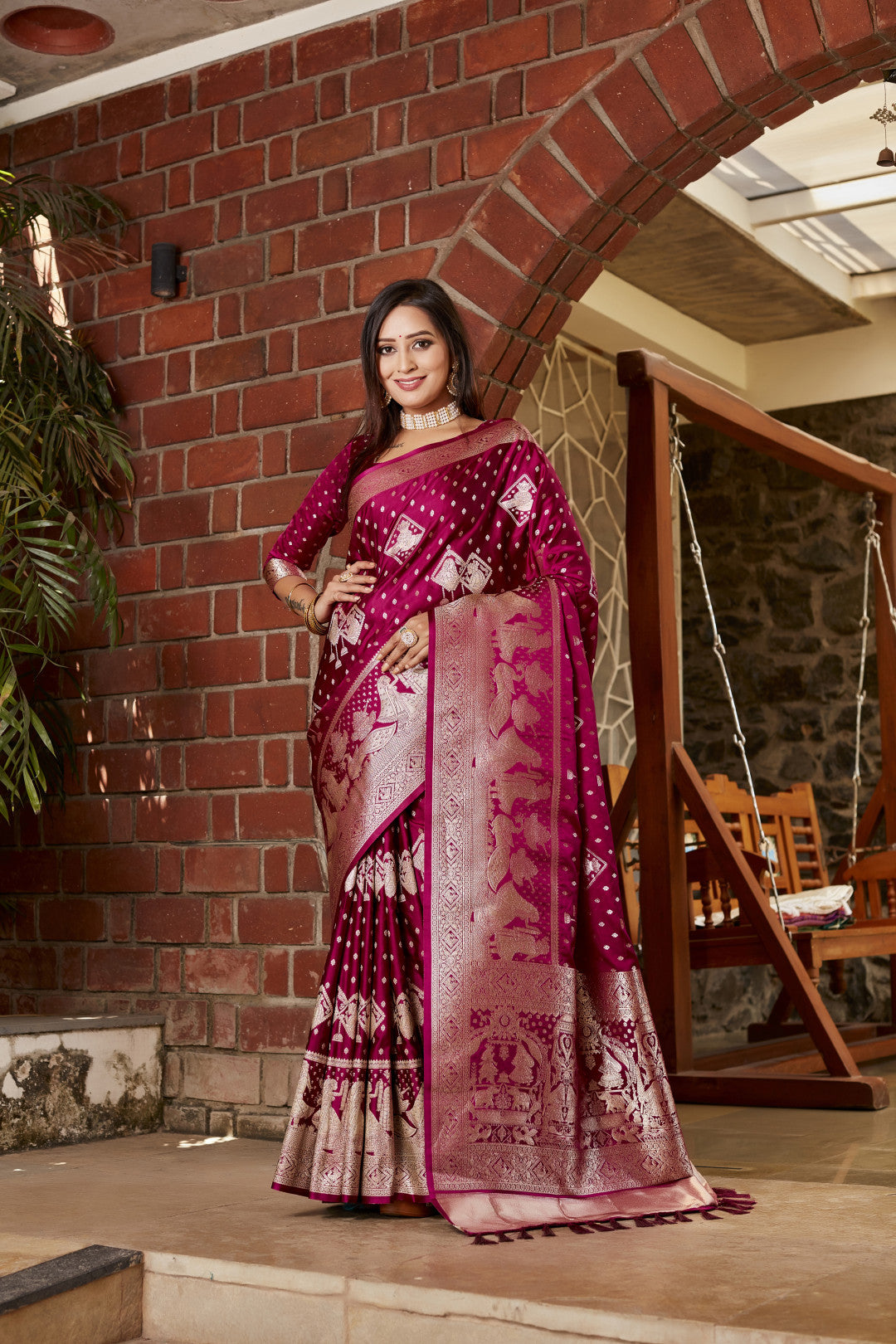 Wine Kanjivaram Satin Silk Saree With Zari Weaving Butta & Rich Designer Pallu