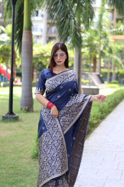 Navy Blue Color Soft Handloom Raw Silk Saree With Weaving Work