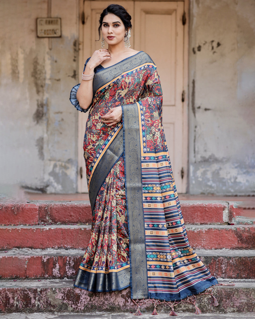 Multi Digital Kalamkari Printed Tussar Silk Saree With Zari Motif Border