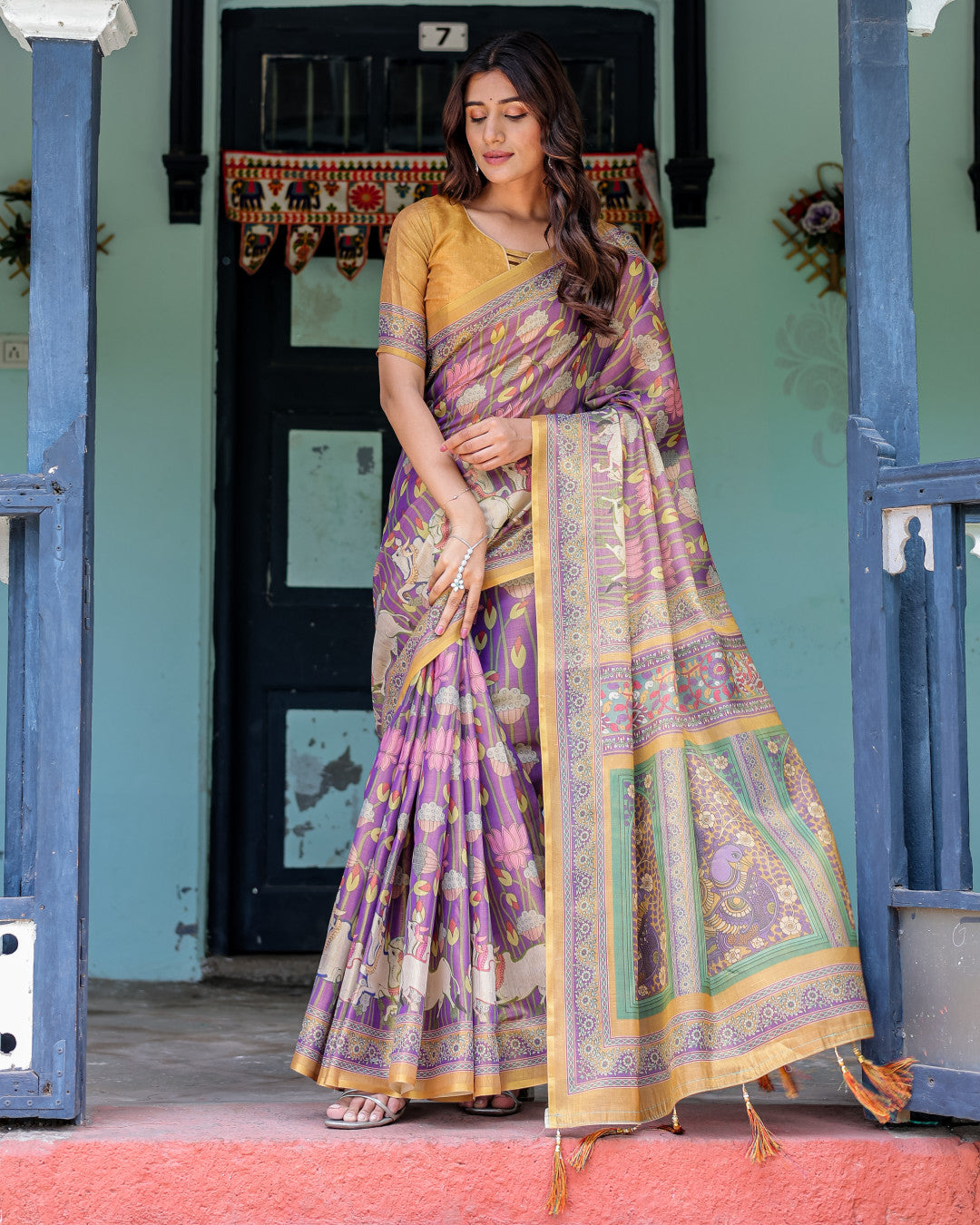 Kalamkari Digital Printed Linen Cotton Saree